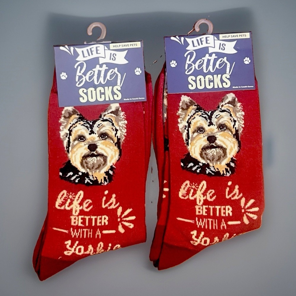 E&S Pets Life Is Better With a Yorkie Crew Socks Burgundy NWT One Size Unisex